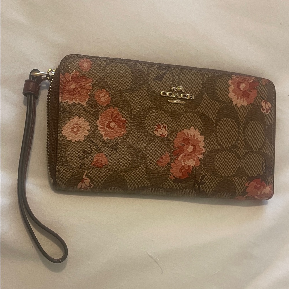 Coach Brown and Pink Floral Wristlet